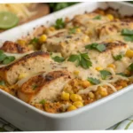 Baked Mexican Street Corn Chicken Casserole with garnishes.