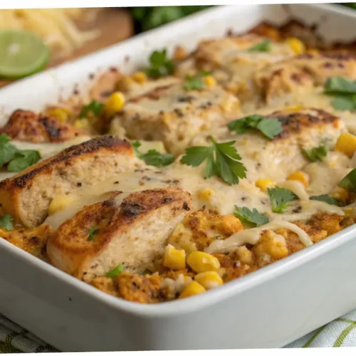 Baked Mexican Street Corn Chicken Casserole with garnishes.