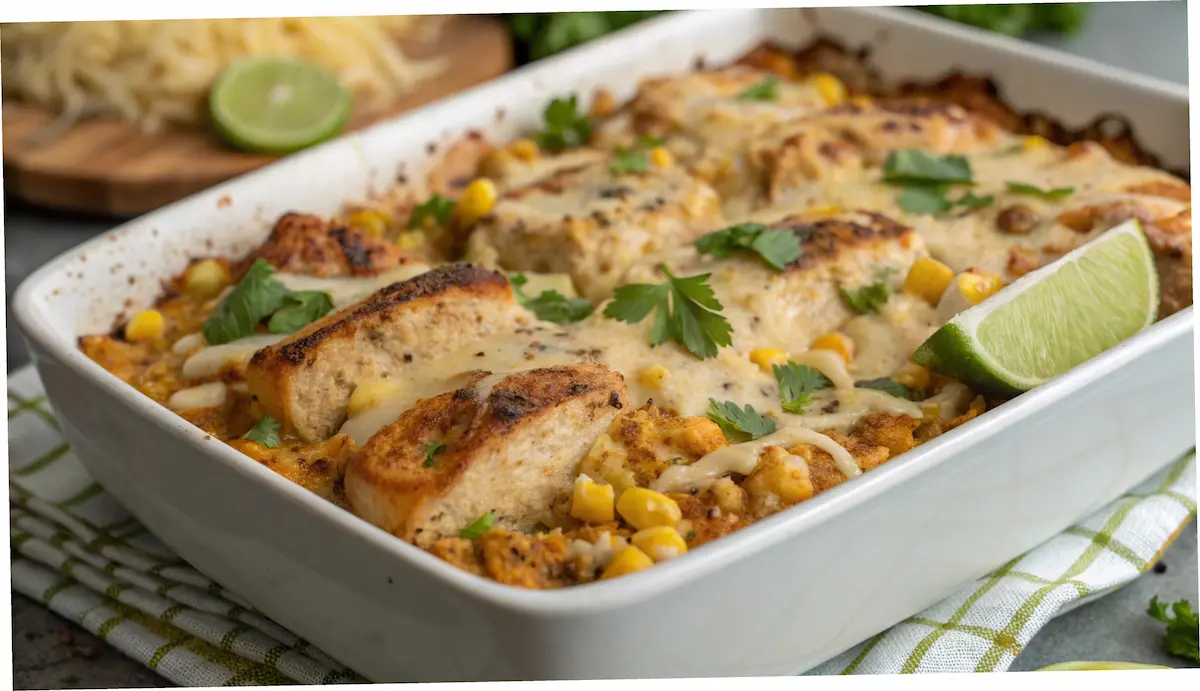 Baked Mexican Street Corn Chicken Casserole with garnishes.