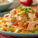 Spicy Buffalo Ranch Chicken Pasta Fiesta served in a bowl