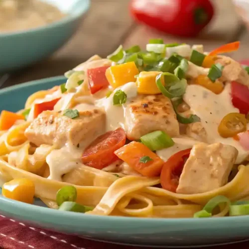 Spicy Buffalo Ranch Chicken Pasta Fiesta served in a bowl