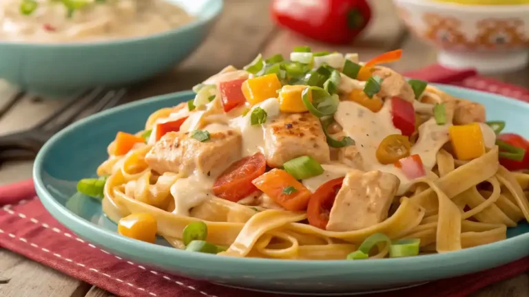 Spicy Buffalo Ranch Chicken Pasta Fiesta served in a bowl