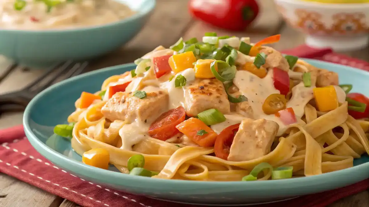 Spicy Buffalo Ranch Chicken Pasta Fiesta served in a bowl