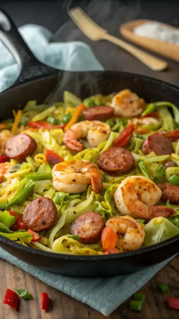 Spicy Fried Cabbage with Shrimp & Sausage in a skillet