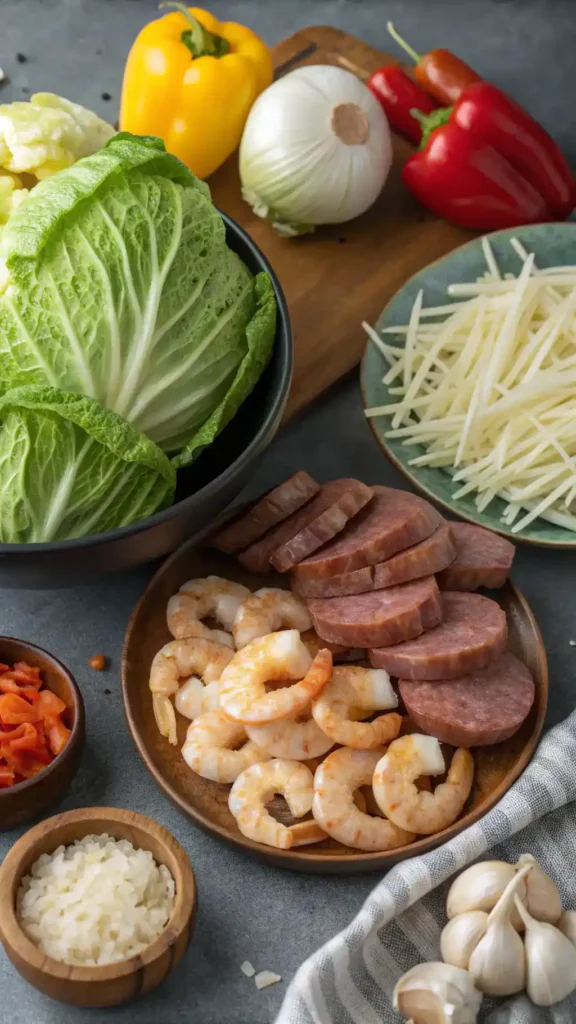 Fresh ingredients for Spicy Fried Cabbage with Shrimp & Sausage
