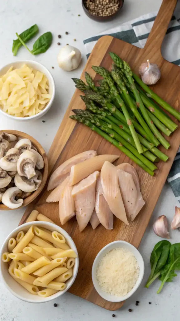 Ingredients for Creamy Mushroom and Asparagus Chicken Penne