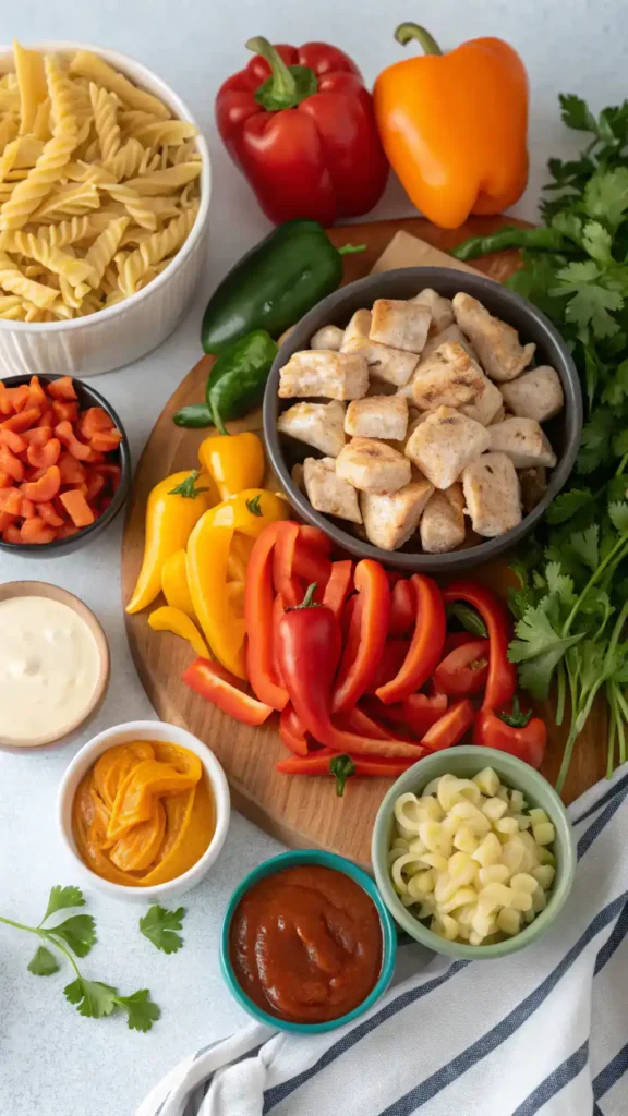 Ingredients for Spicy Buffalo Ranch Chicken Pasta Fiesta