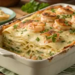 Garlic Butter Shrimp Scampi Lasagna in a baking dish