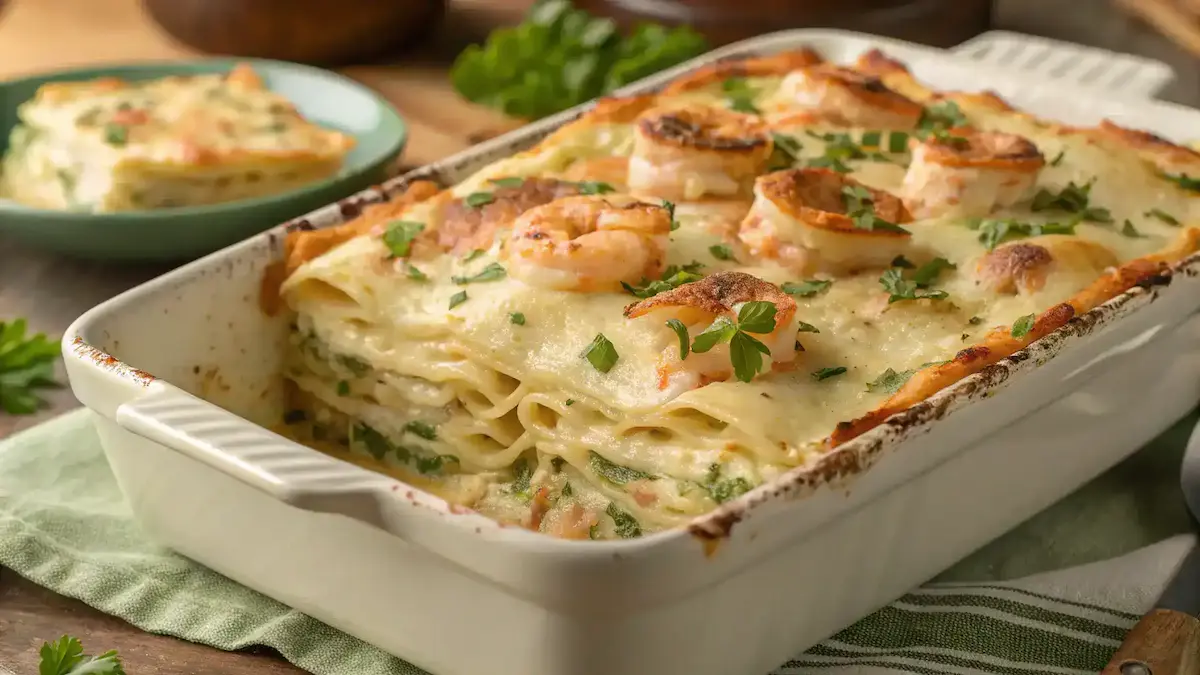 Garlic Butter Shrimp Scampi Lasagna in a baking dish