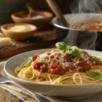 Homemade spaghetti sauce served over pasta