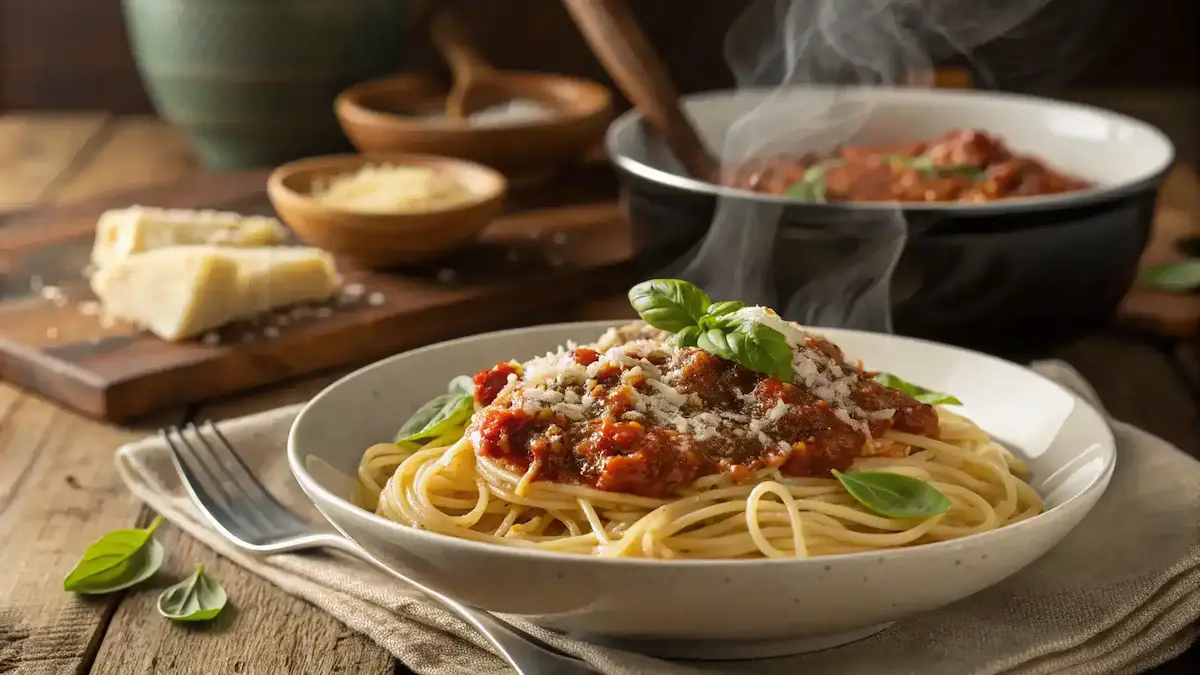 Homemade spaghetti sauce served over pasta