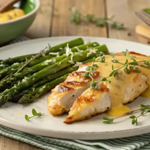 Honey Mustard Glazed Chicken with Cheesy Roasted Asparagus