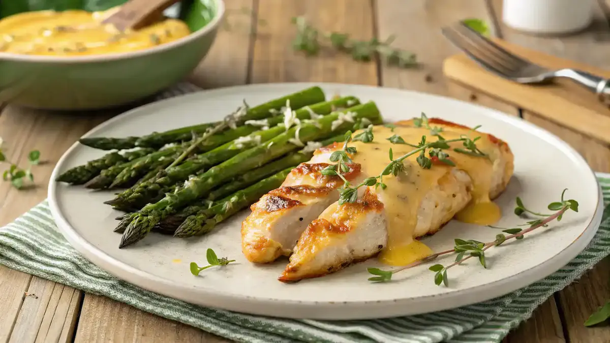 Honey Mustard Glazed Chicken with Cheesy Roasted Asparagus