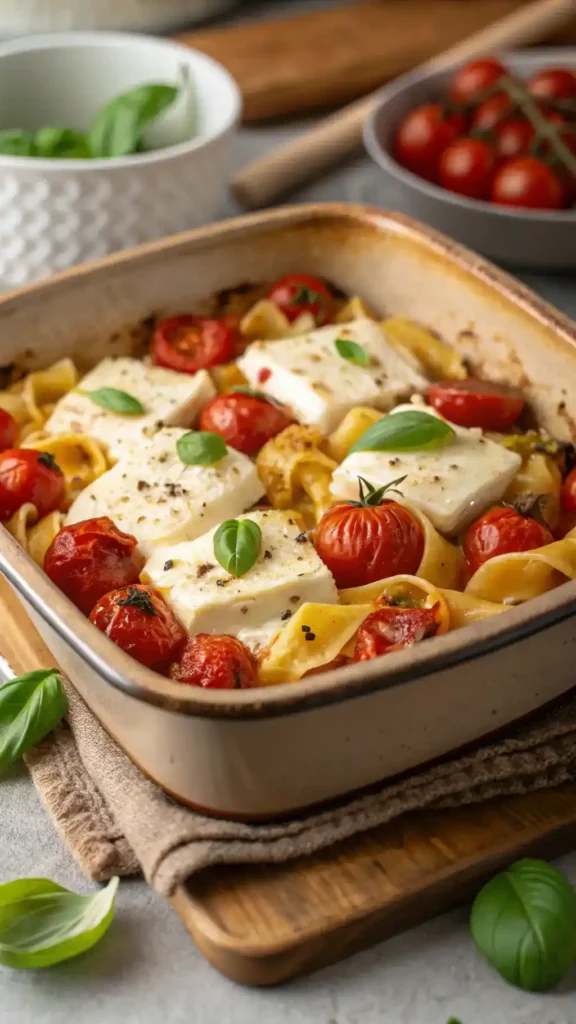 Baked Feta Pasta with roasted tomatoes and fresh basil.