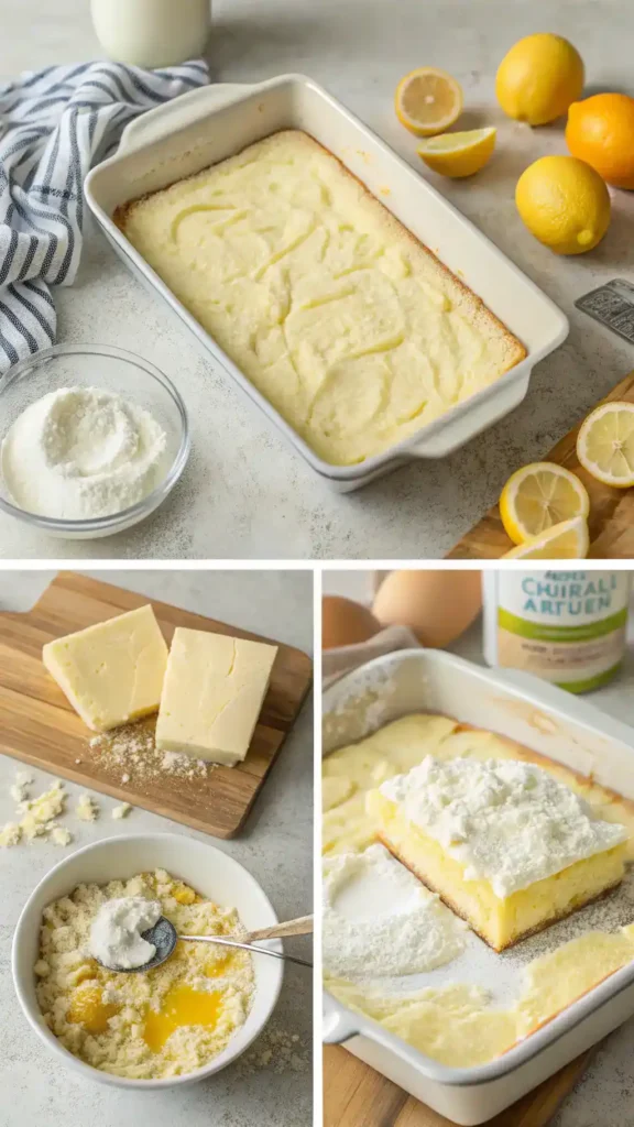 Step-by-step process of making Lemon Cream Cheese Dump Cake