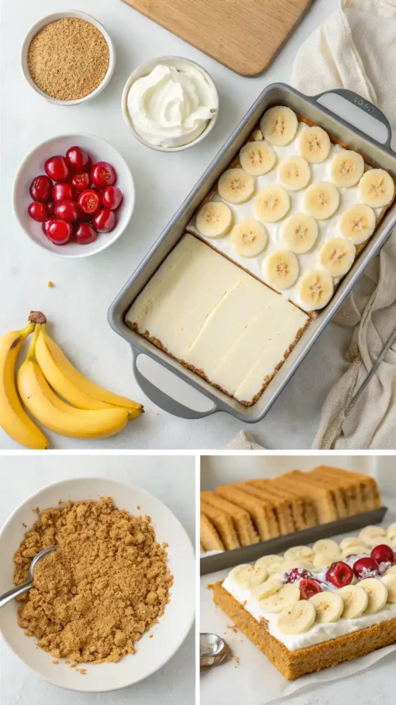 Step-by-step process of making No-Bake Banana Split Cake