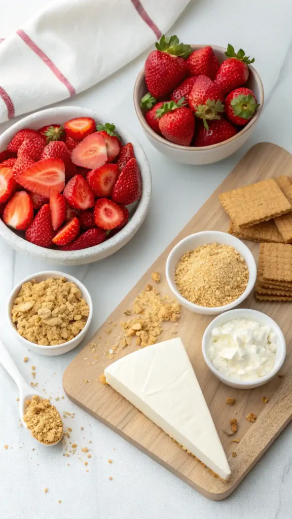 Ingredients for Berrylicious Strawberry Crunch Cheesecake