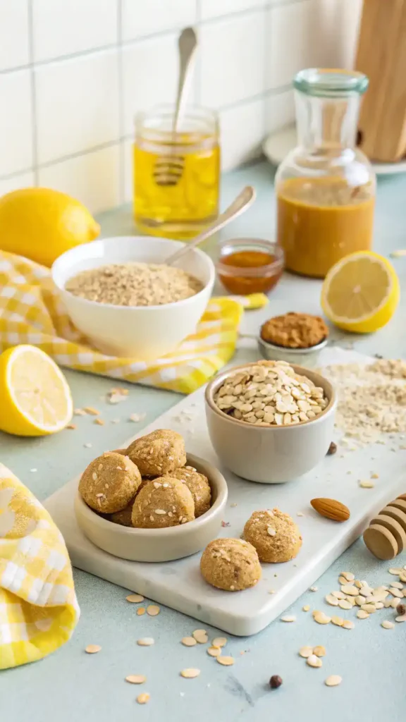 Ingredients for Lemon Oatmeal No-Bake Cookies on a kitchen counter.