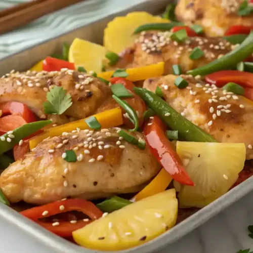 Plated Hawaiian Chicken Sheet Pan