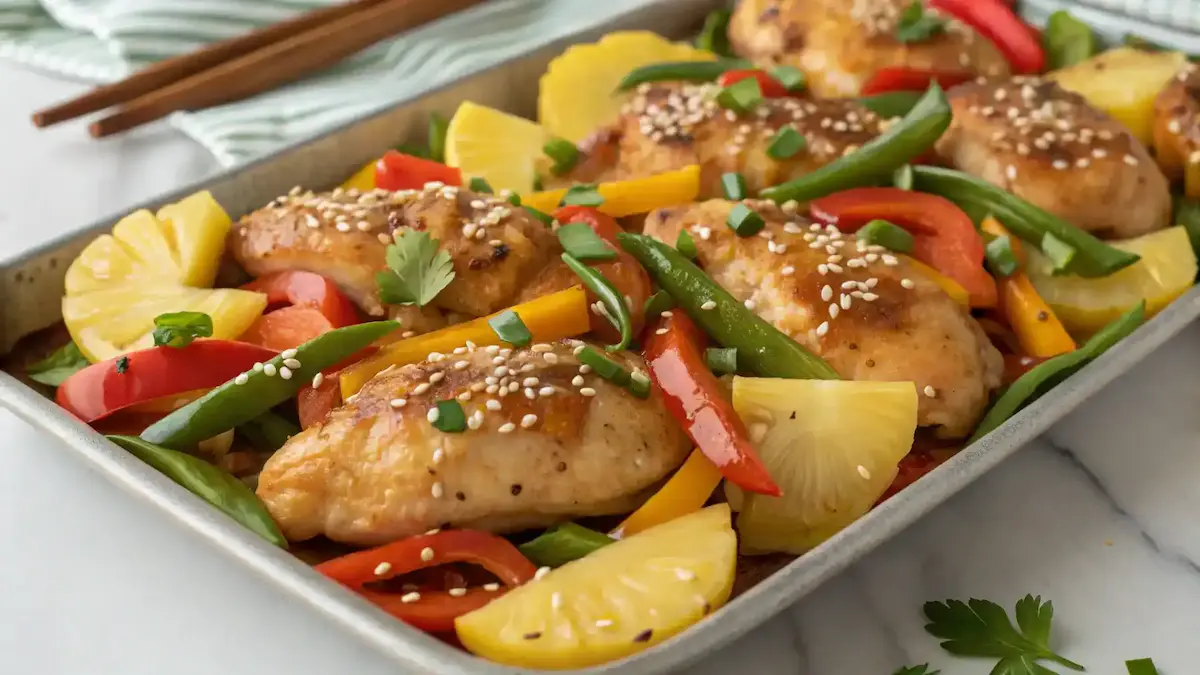 Plated Hawaiian Chicken Sheet Pan