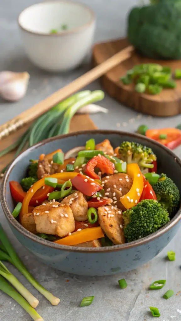Plated Savory Garlic Chicken & Veggie Stir-Fry Bowl