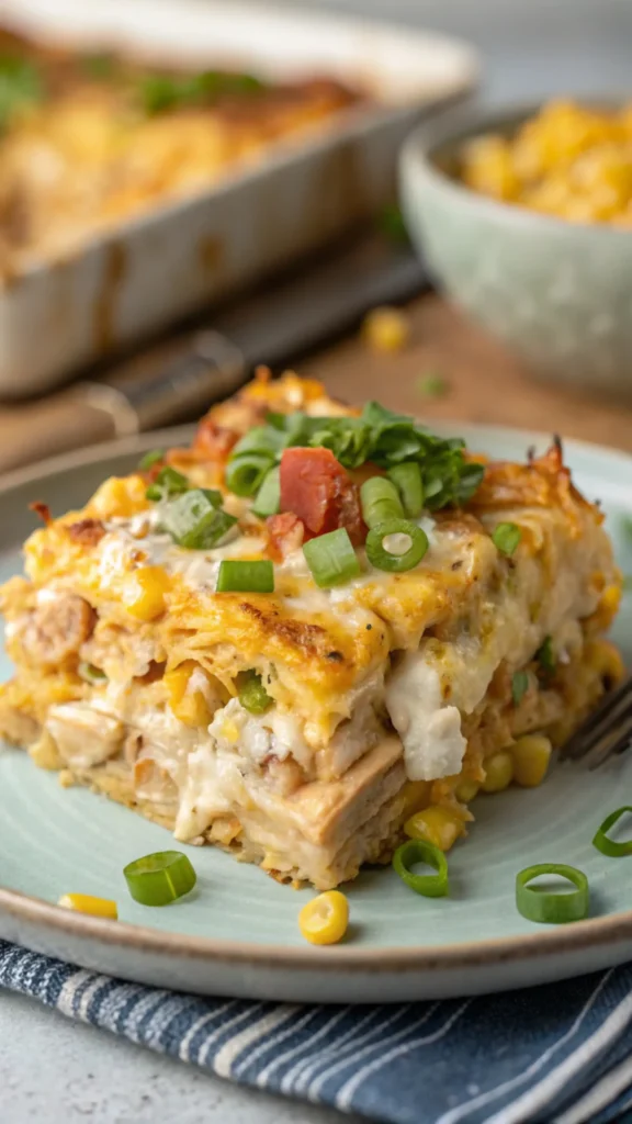 Slice of Baked Mexican Street Corn Chicken Casserole.