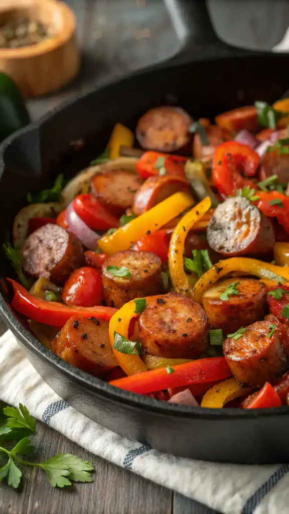Close-up of Smoky Sausage and Veggie Skillet