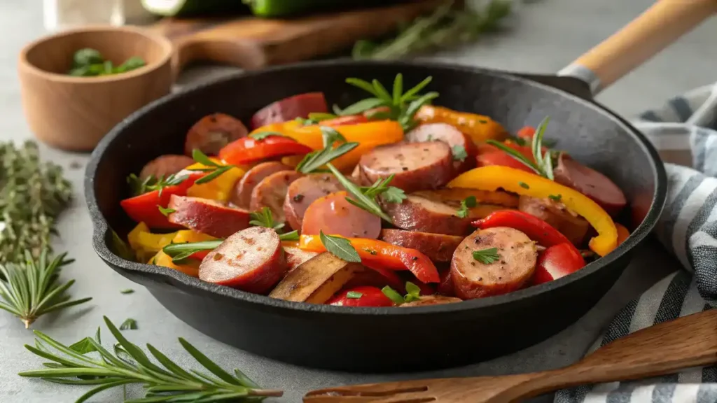 Smoky Sausage and Veggie Skillet with fresh herbs