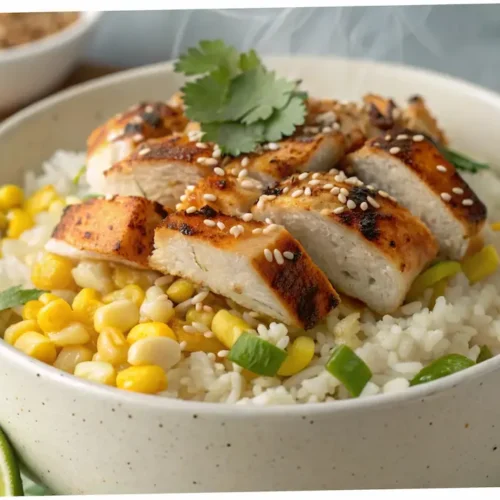 Plated Street Corn Chicken Rice Bowl
