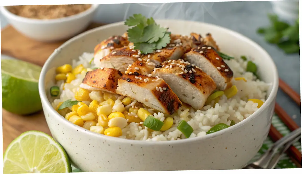 Plated Street Corn Chicken Rice Bowl