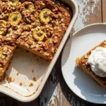 Delicious Banana Bread Cobbler served warm with whipped cream