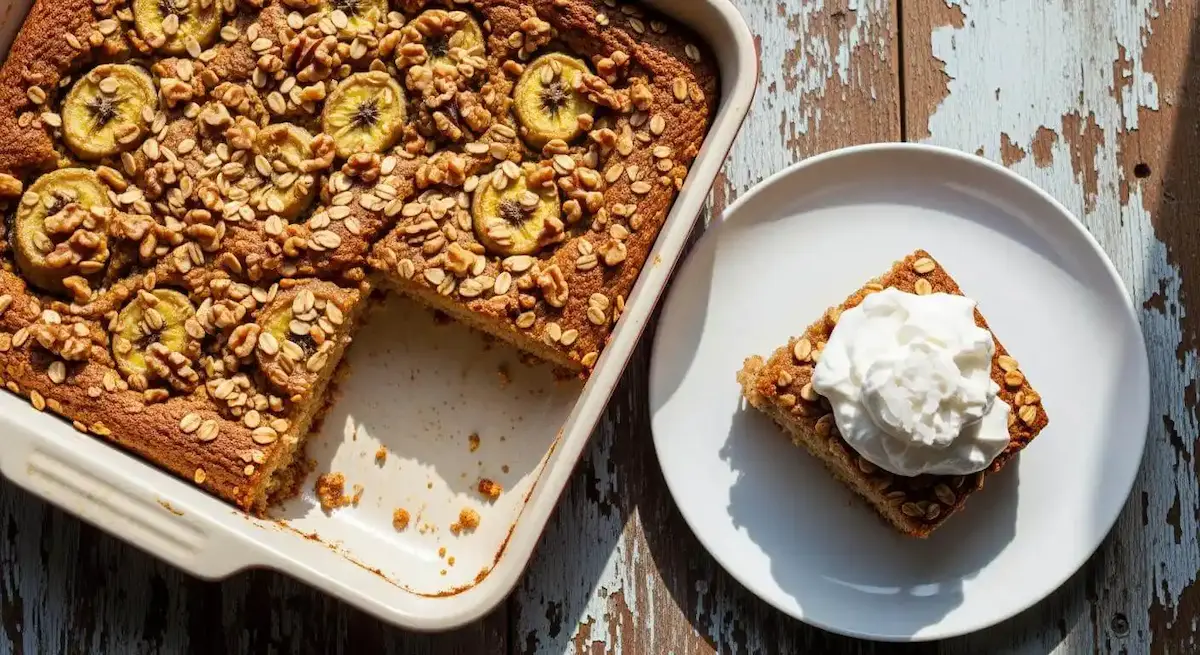 Delicious Banana Bread Cobbler served warm with whipped cream