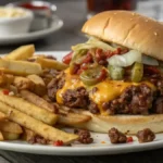 Delicious Big Mac Sloppy Joes served with fries.