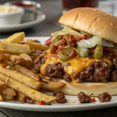 Delicious Big Mac Sloppy Joes served with fries.