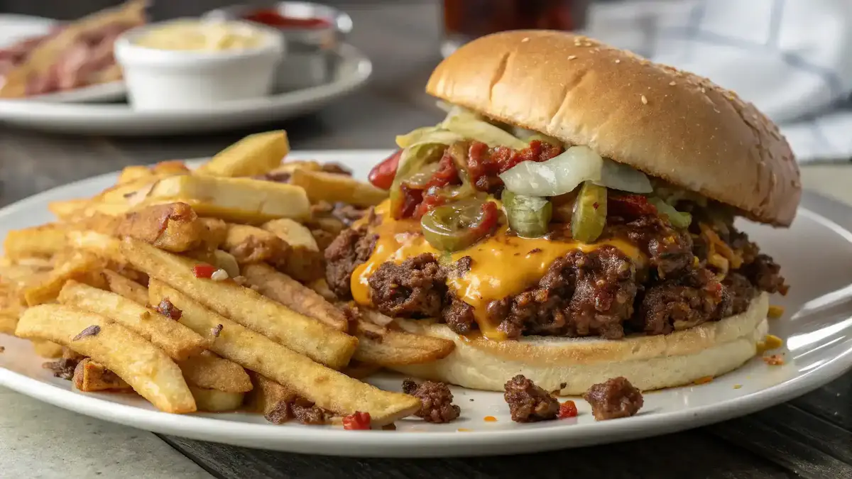 Delicious Big Mac Sloppy Joes served with fries.
