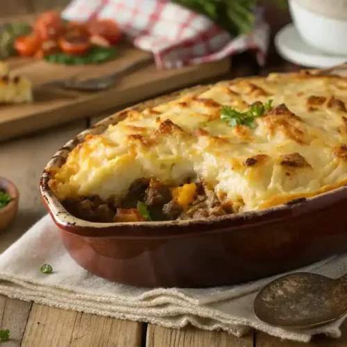 Cheesy Cheddar Shepherd’s Pie fresh out of the oven
