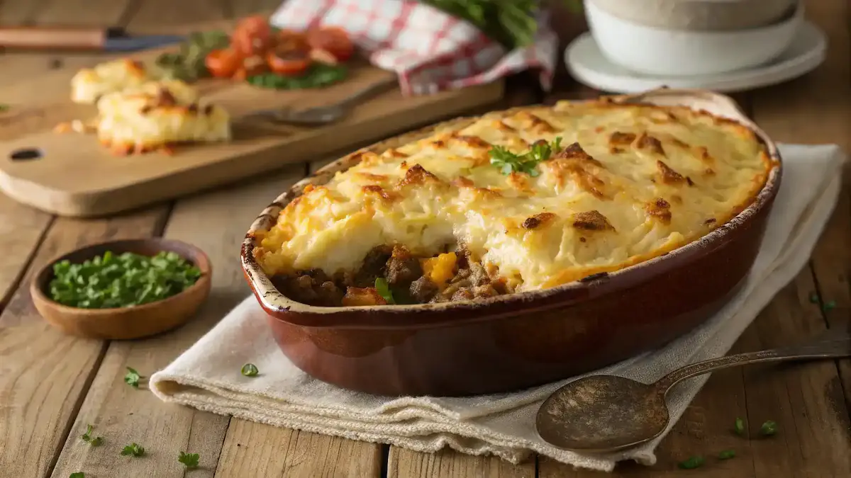Cheesy Cheddar Shepherd’s Pie fresh out of the oven