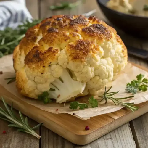 Crispy Roasted Cauliflower on a wooden table