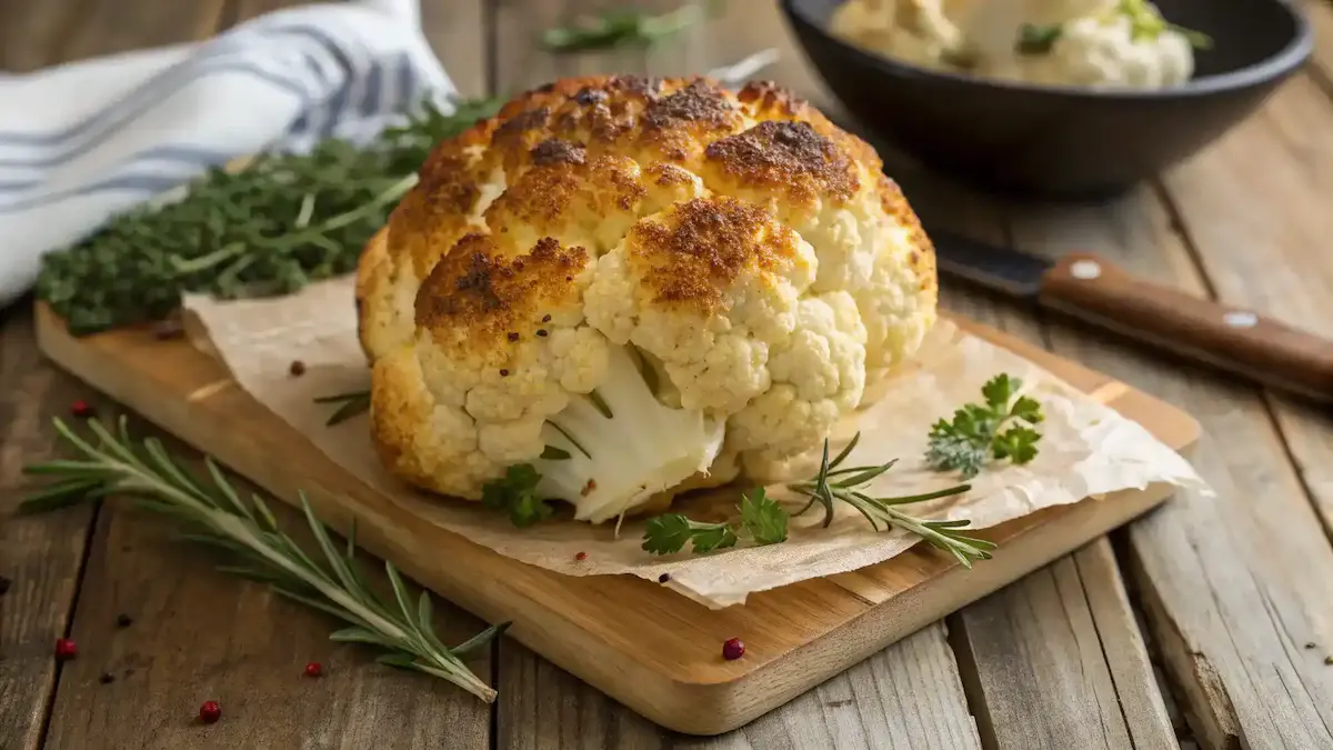 Crispy Roasted Cauliflower on a wooden table