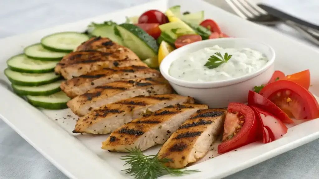 Plated Greek Style Mediterranean Grilled Chicken Tenders.