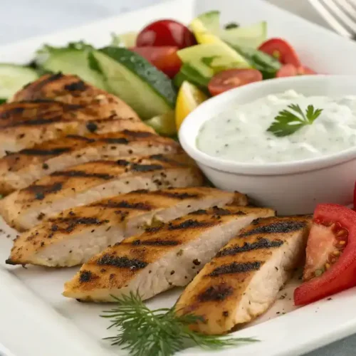 Plated Greek Style Mediterranean Grilled Chicken Tenders.