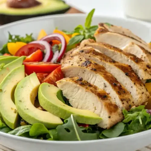 Plated Grilled Chicken Avocado Salad Bowl