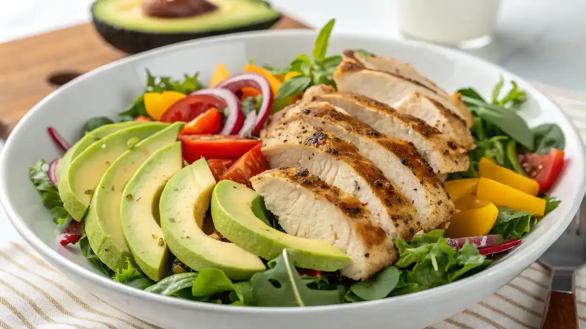 Plated Grilled Chicken Avocado Salad Bowl