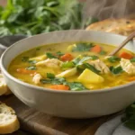 Healing Turmeric Chicken Soup served in a bowl