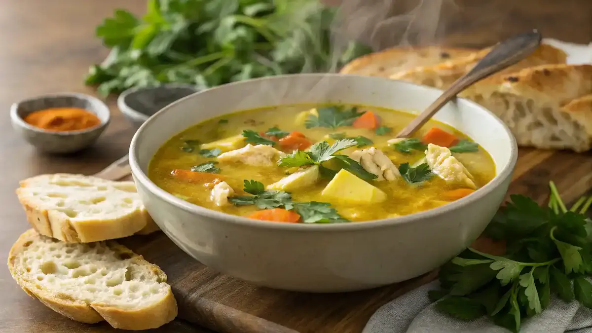 Healing Turmeric Chicken Soup served in a bowl