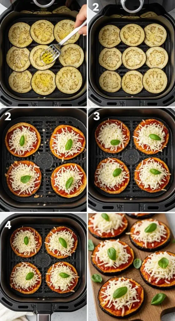 Step-by-step process of making Crispy Air Fryer Eggplant Pizzas.