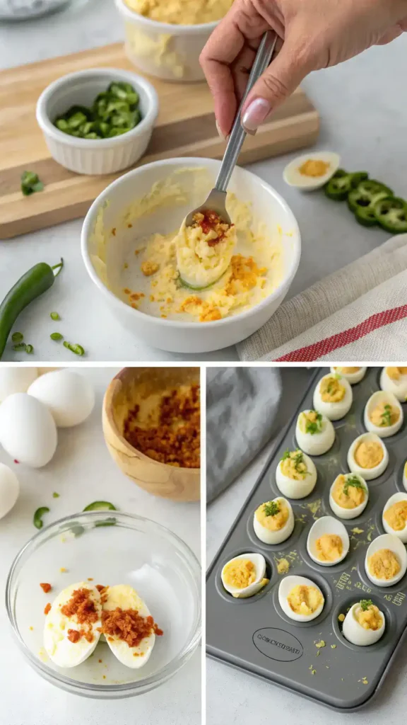 Step-by-step process of making Jalapeño Popper Deviled Eggs.