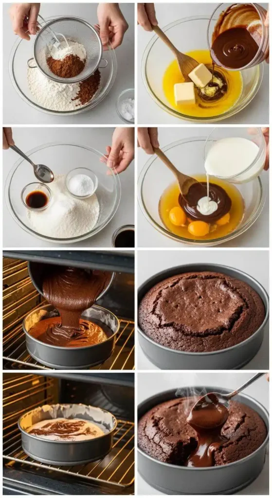 Step-by-step process of making Ooey Gooey Chocolate Cake