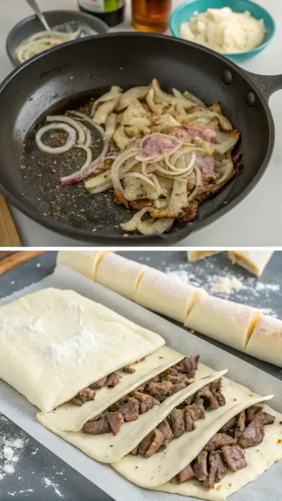 Making Savory Cheesesteak Stromboli