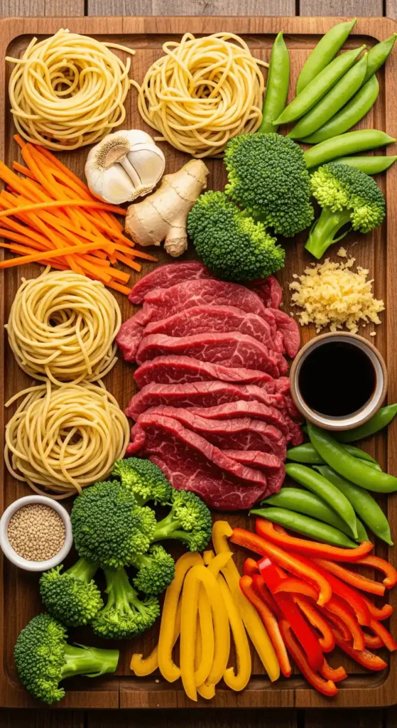 Fresh Ingredients for Beef and Broccoli Noodles
